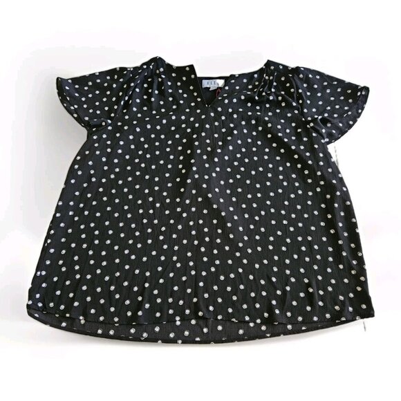 ELLE Top Women XL Black White Polka Dot Pull On Semi Sheer Flowy Flutter SS Boho - Picture 8 of 13